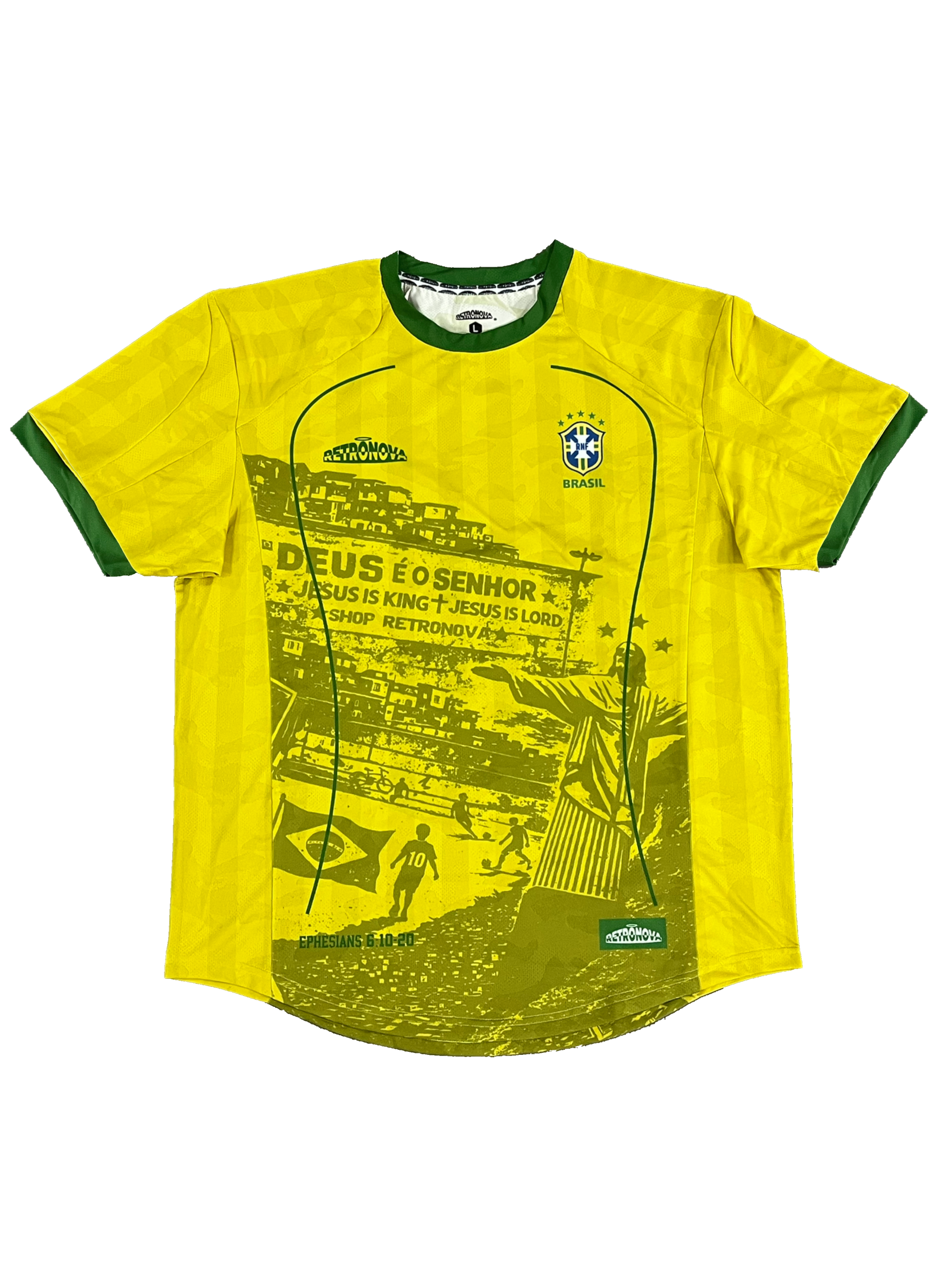Yellow t-shirt with green accents and graphic design on a white  Front side of a Brazil Christian jersey, Christ the Redeemer jersey, Brazil Jesus jersey, Brazil faith soccer shirt, Ephesians 6 10 20 Brazil, Brazil favela art jersey, Brazil football Christian kit, RETRONOVA Brazil jersey, Brazil streetwear Christian, Brazil worship jersey, Yellow Jesus Jerseybackground