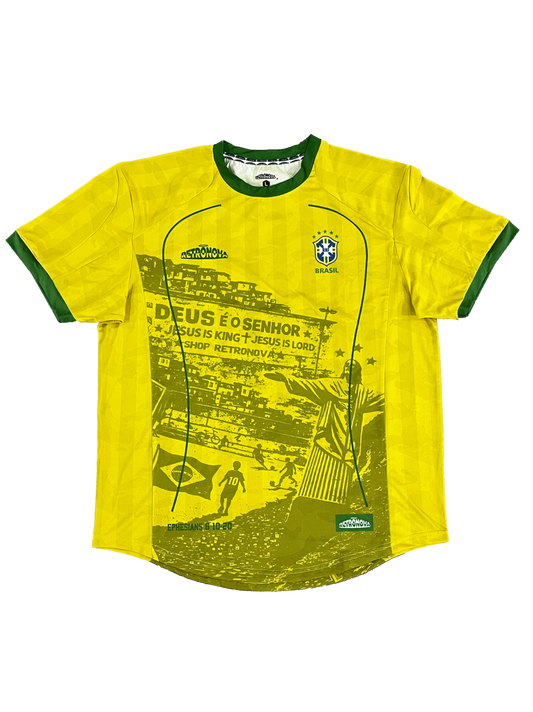 Yellow t-shirt with green accents and graphic design on a white  Front side of a Brazil Christian jersey, Christ the Redeemer jersey, Brazil Jesus jersey, Brazil faith soccer shirt, Ephesians 6 10 20 Brazil, Brazil favela art jersey, Brazil football Christian kit, RETRONOVA Brazil jersey, Brazil streetwear Christian, Brazil worship jersey, Yellow Jesus Jerseybackground